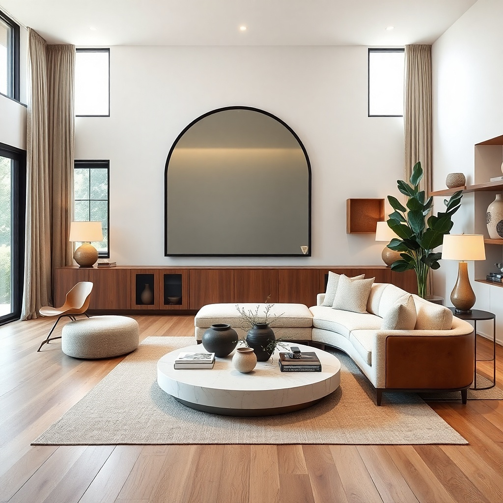 Arched black mirror hanging above a sofa with warm wood frames nearby
