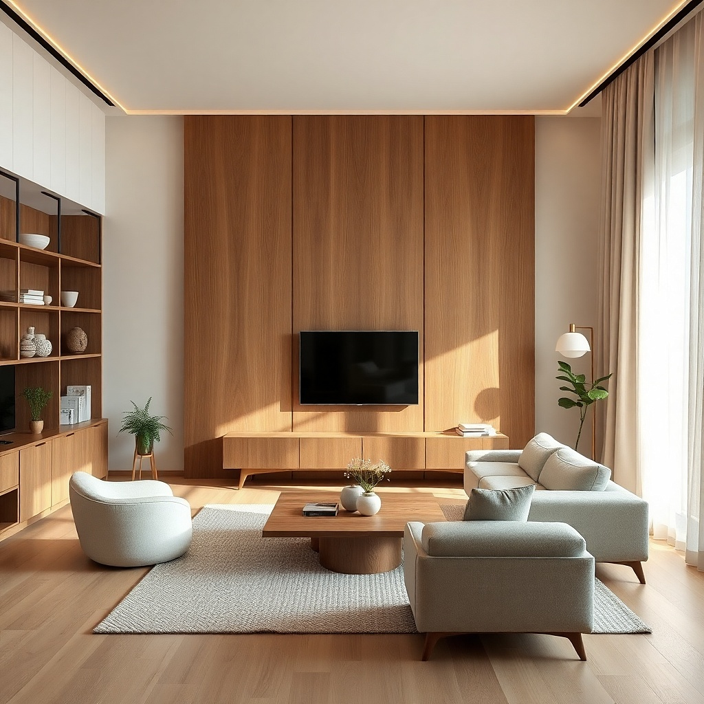 Three wood panels arranged vertically with warm grain on a living room wall