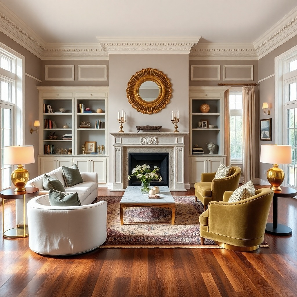 Sunburst mirror with antiqued gold rays on a living room wall