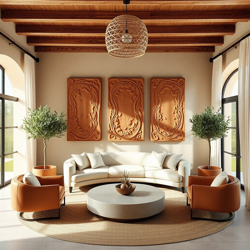 Terracotta ceramic wall plaque with sculpted texture on a white wall