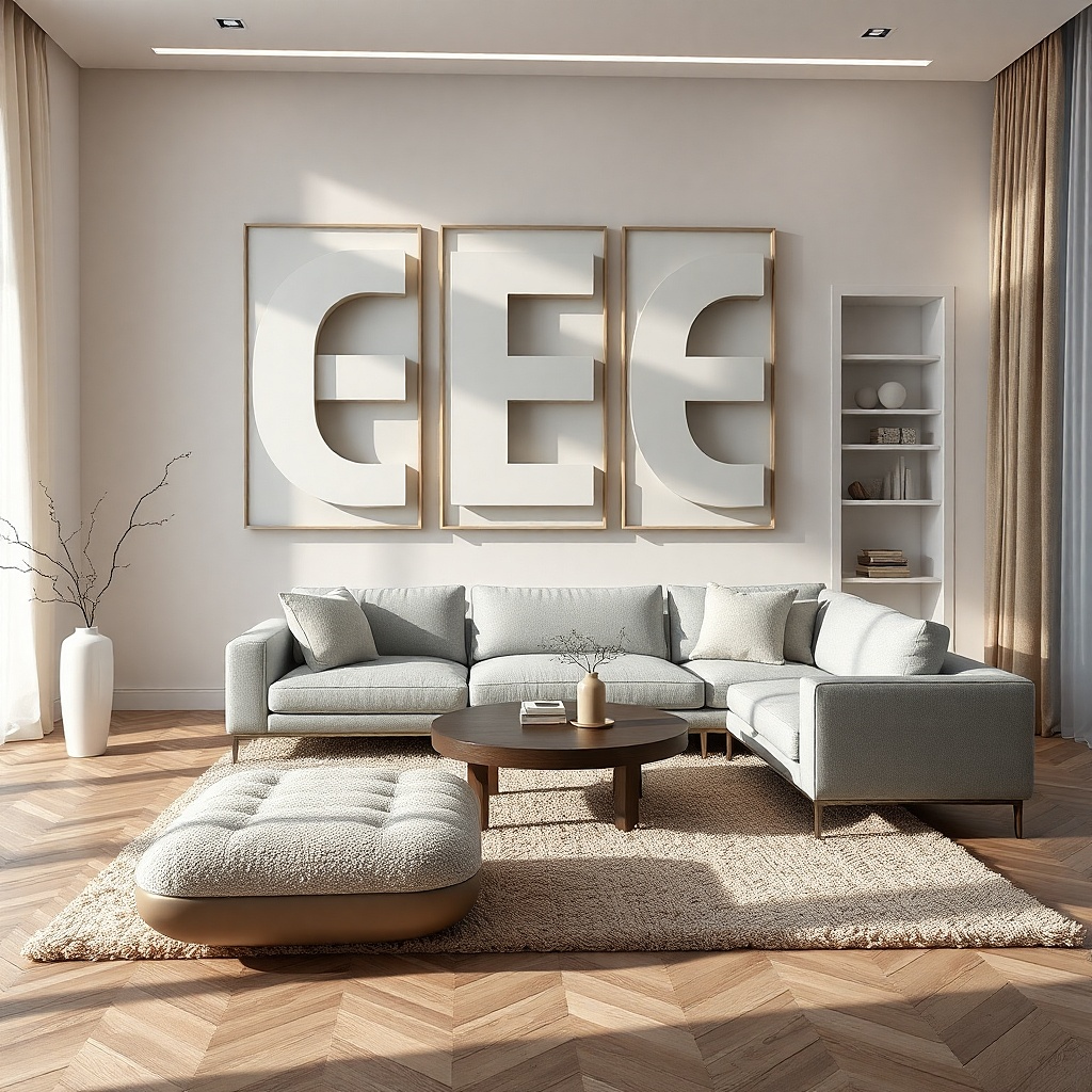 Matte white framed 3D wall letters on a living room wall