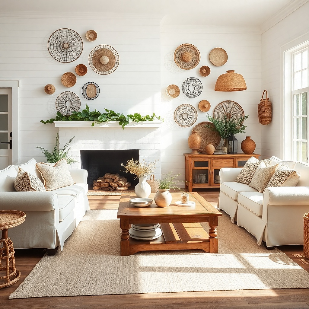Natural wire and wood wall baskets hung in a pair above a sofa