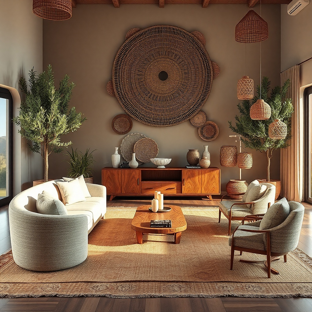 Large woven wall basket with neutral liner hanging on a living room wall