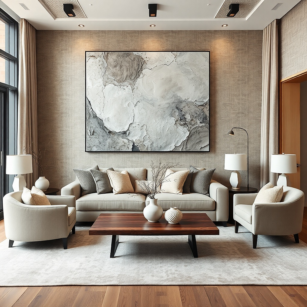 Textured abstract canvas with warm gray and oat tones in a simple frame
