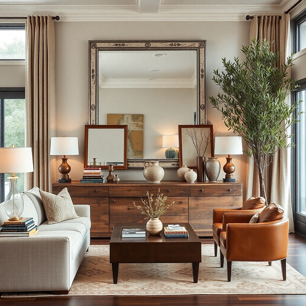 Mirrored tray wall art with a distressed frame on a living room wall