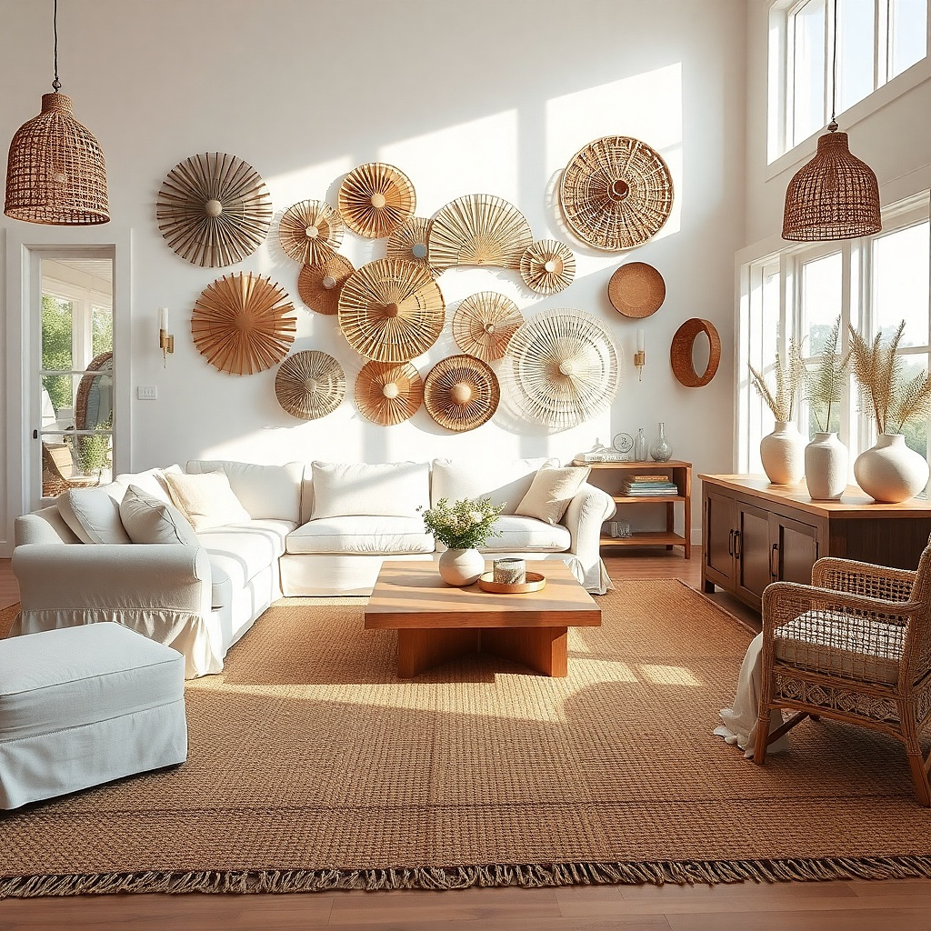 Natural rattan fan wall decor hanging on a living room wall