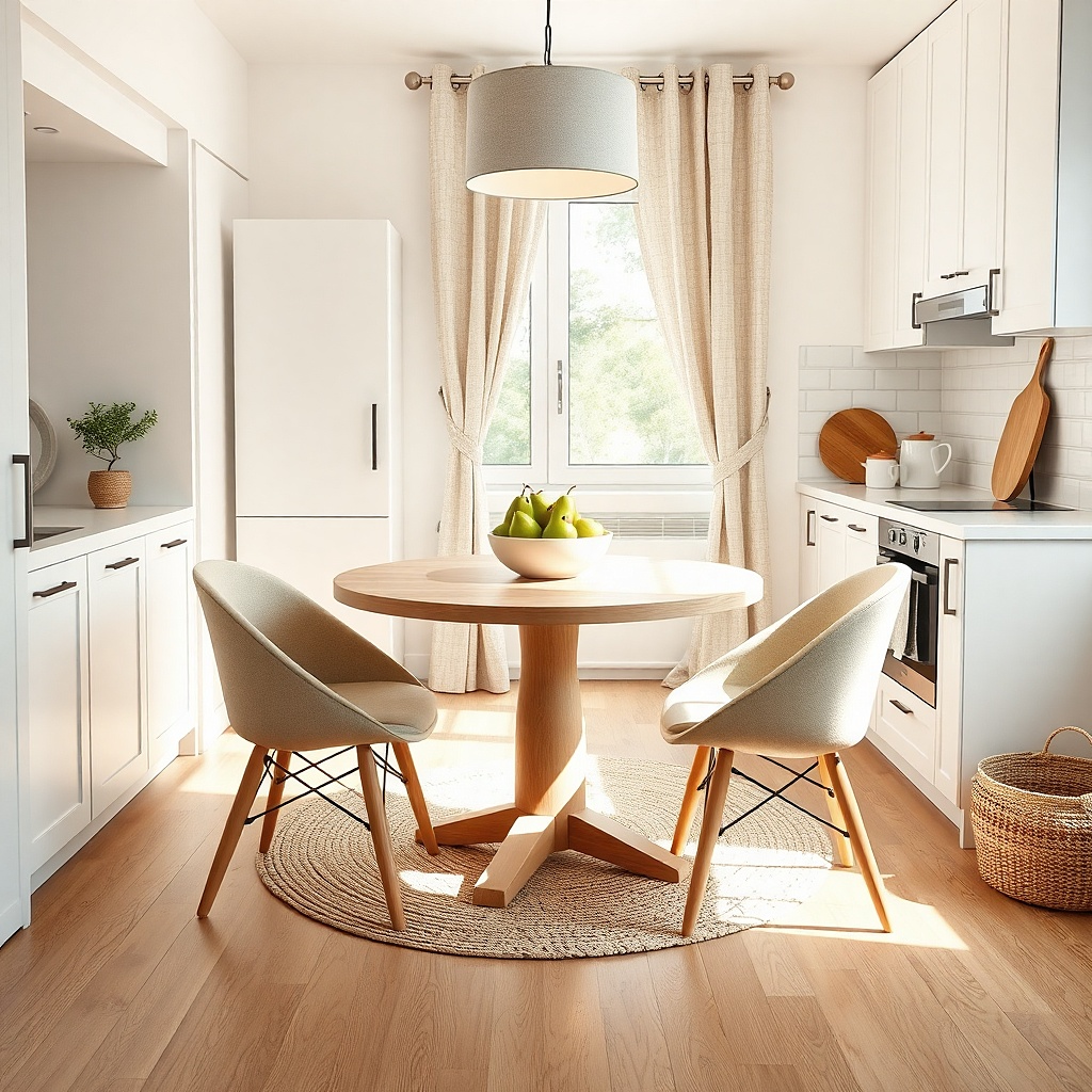 A small kitchen dining corner with a 36-inch round pedestal table in light oak. Two chairs are upholstered in warm cream fabric while the third chair is the same shape in a pale gray linen. A white ceramic bowl sits centered, and the floor shows a neutral runner partially under the table.