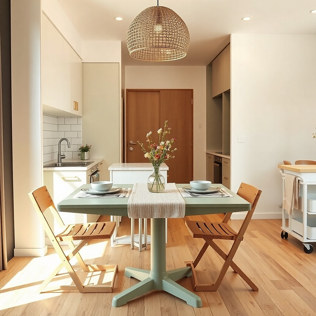 A drop-leaf table with its leaves down when not in use, painted soft sage. When opened, it forms a compact dining surface. Two folding chairs in natural wood tuck in neatly. A small striped runner sits only on the opened leaf area, and a compact pendant hangs above.