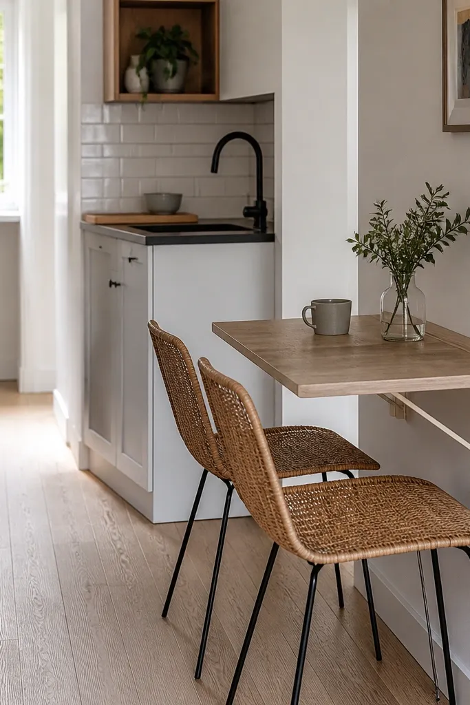 A wall-mounted fold-down table in white with a light wood shelf bracket. It's positioned beside a kitchen window. Two slim chairs with padded seats sit at the table, and a small magnetic rail holds utensils nearby. Above, a small framed print sits at eye level.