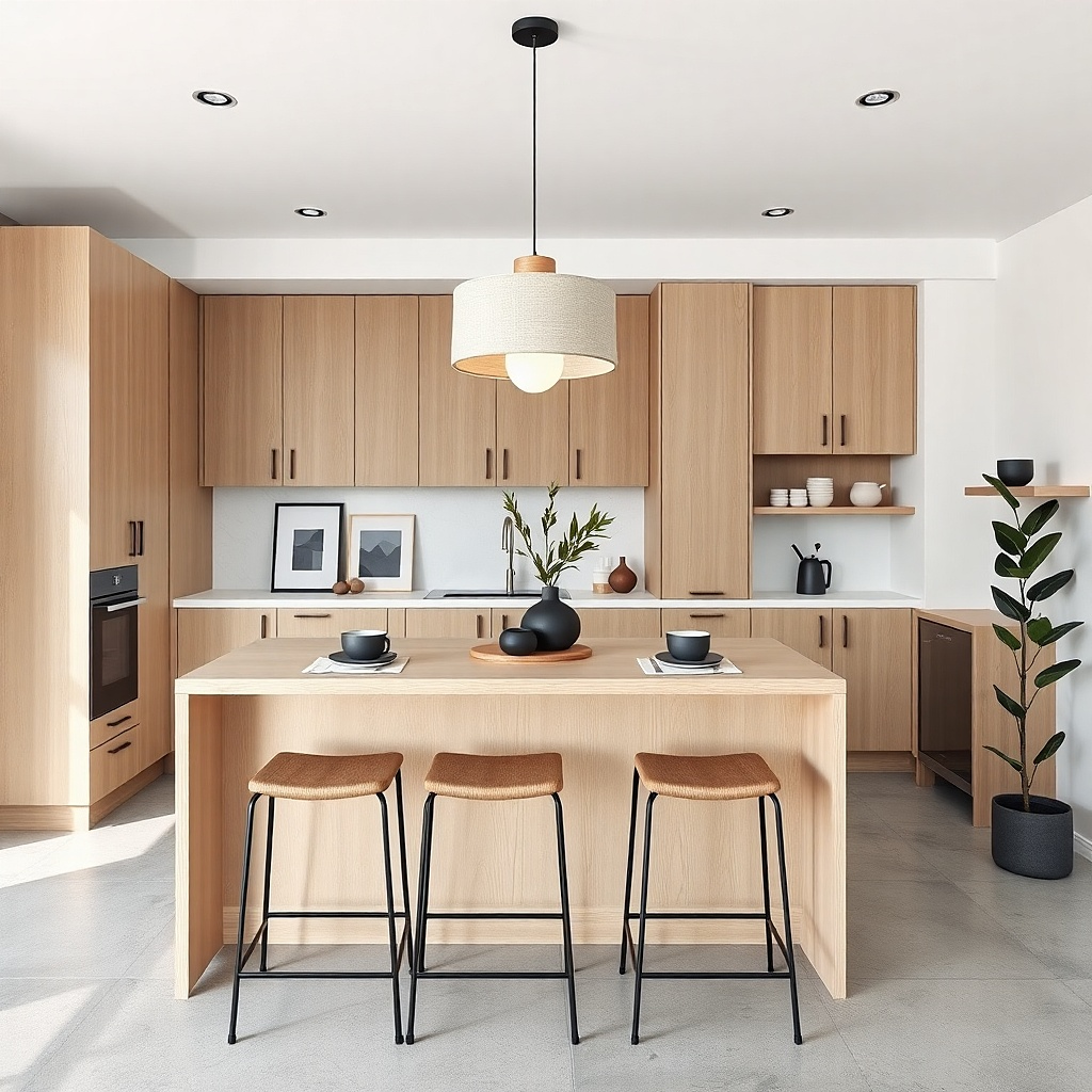 A counter-height dining table in pale oak with a white top and slim legs. Two backless stools with black metal legs sit on the sides facing each other. A small ceiling pendant with a linen drum shade hangs over the center. The wall behind has a narrow gallery ledge with two small planters.