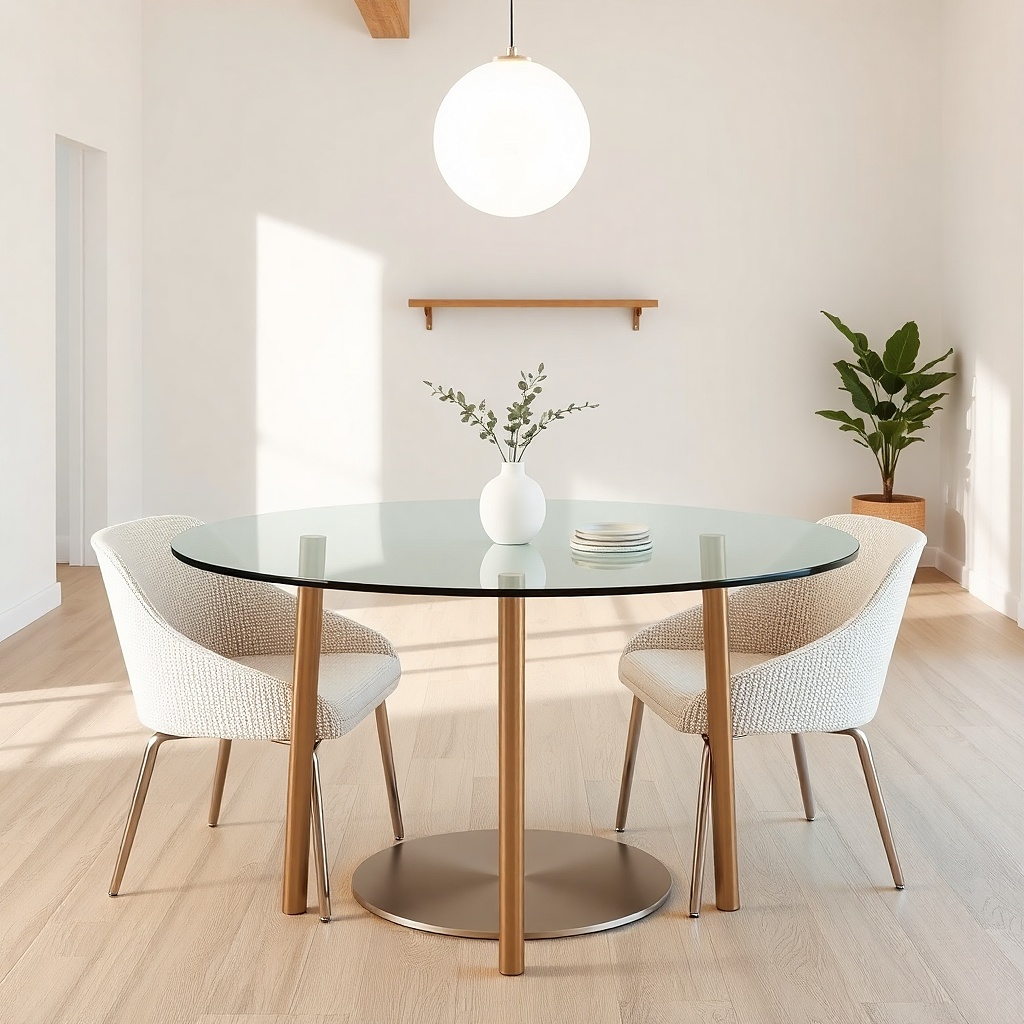 A small dining setup with a clear glass-top table and thin brushed brass legs. Two chairs with light gray fabric seats sit on the inner sides. Under the table, a small light rug peeks out, and a translucent vase with dried pampas grass sits centered.