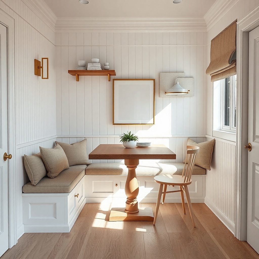 A kitchen nook with a built-in banquette bench in light tweed fabric along one wall. A small rectangular table in white sits in front, with two matching chairs on the open side only. A long pleated curtain hangs over a window, and a low shelf holds books and a ceramic lamp.