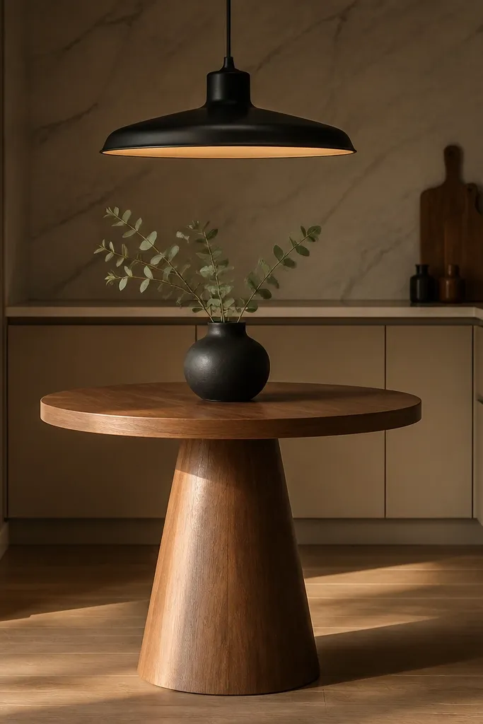 A small kitchen has a 40-inch pedestal table in walnut stain. Above it hangs a matte black pendant with a wide bell shade and a warm bulb. Two simple spindle chairs sit on opposite sides. A thin runner in charcoal and cream stripes sits centered with two placemats.