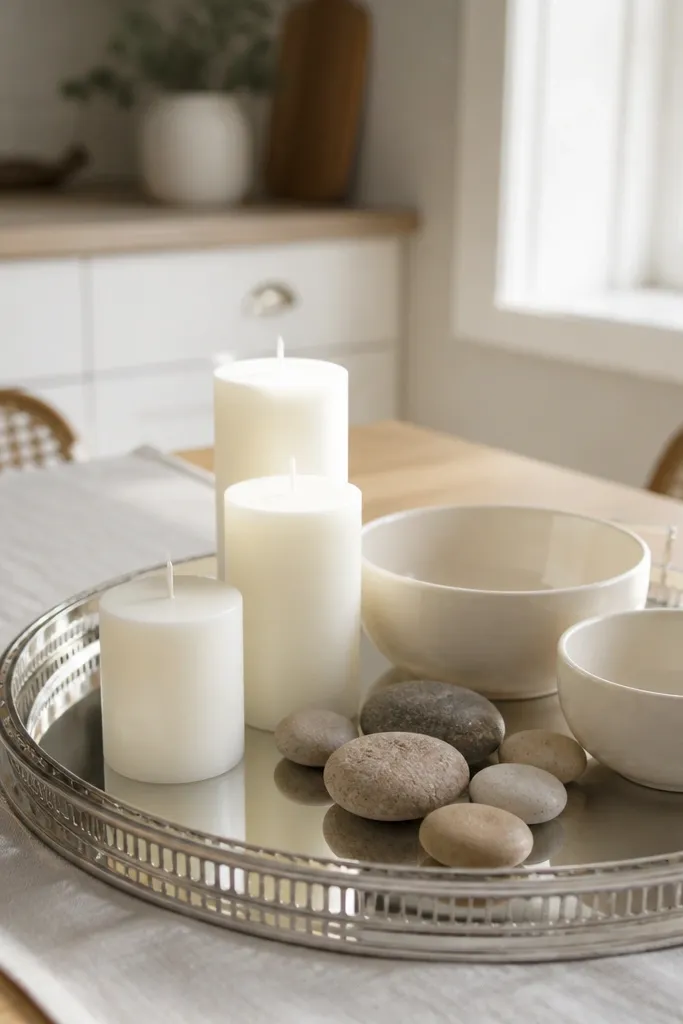 A small dining table set with a rectangular mirrored tray. On it sit two white taper candles in glass holders and a small bowl of lemons. The table is light oak, chairs are cream upholstered, and a striped runner in beige and white runs under the tray.