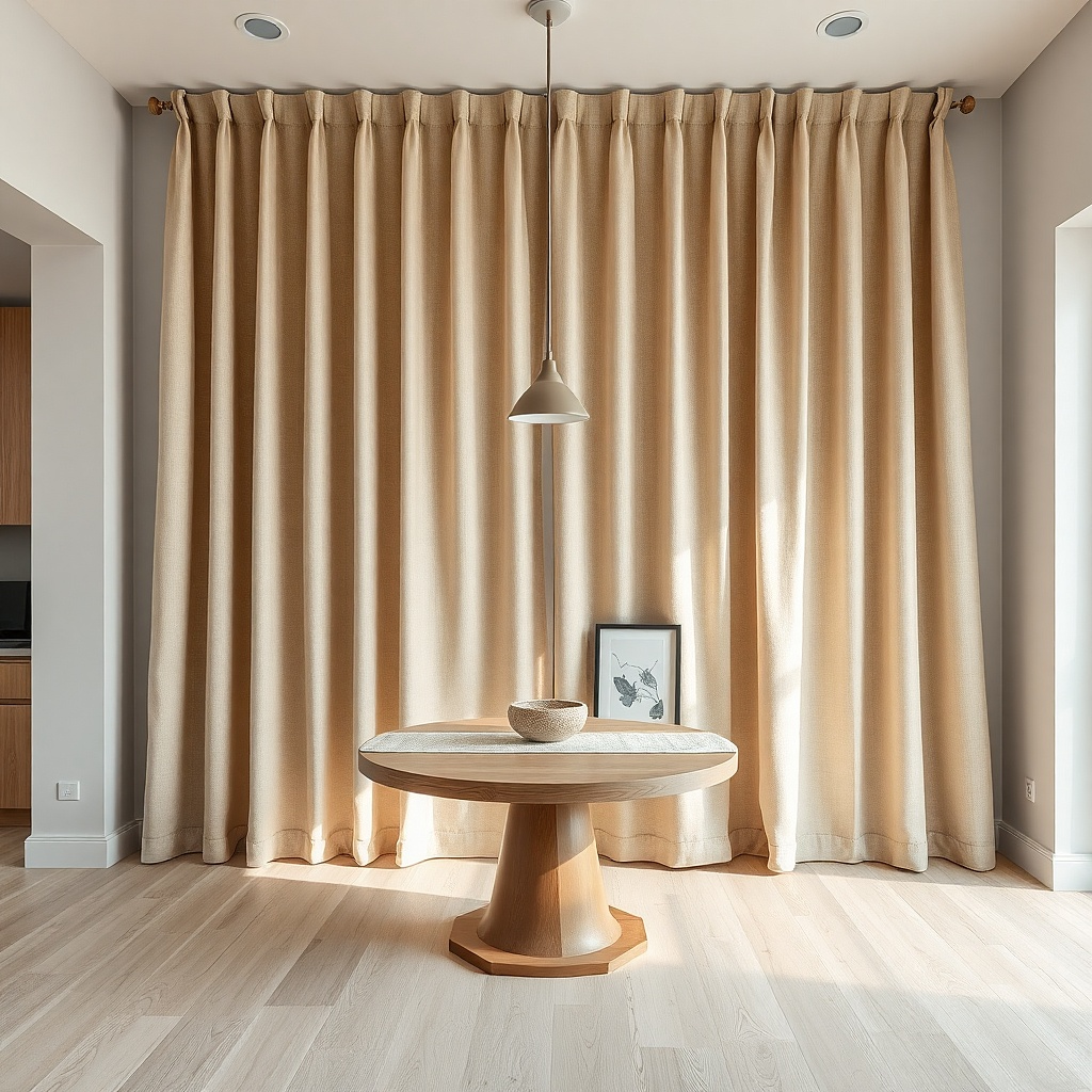 A small kitchen with a table near a window. Behind the table, a single curtain panel in linen-blend hangs from a tension rod. The table has a short runner and a ceramic vase with a few stems. A framed print sits to the side at eye level.