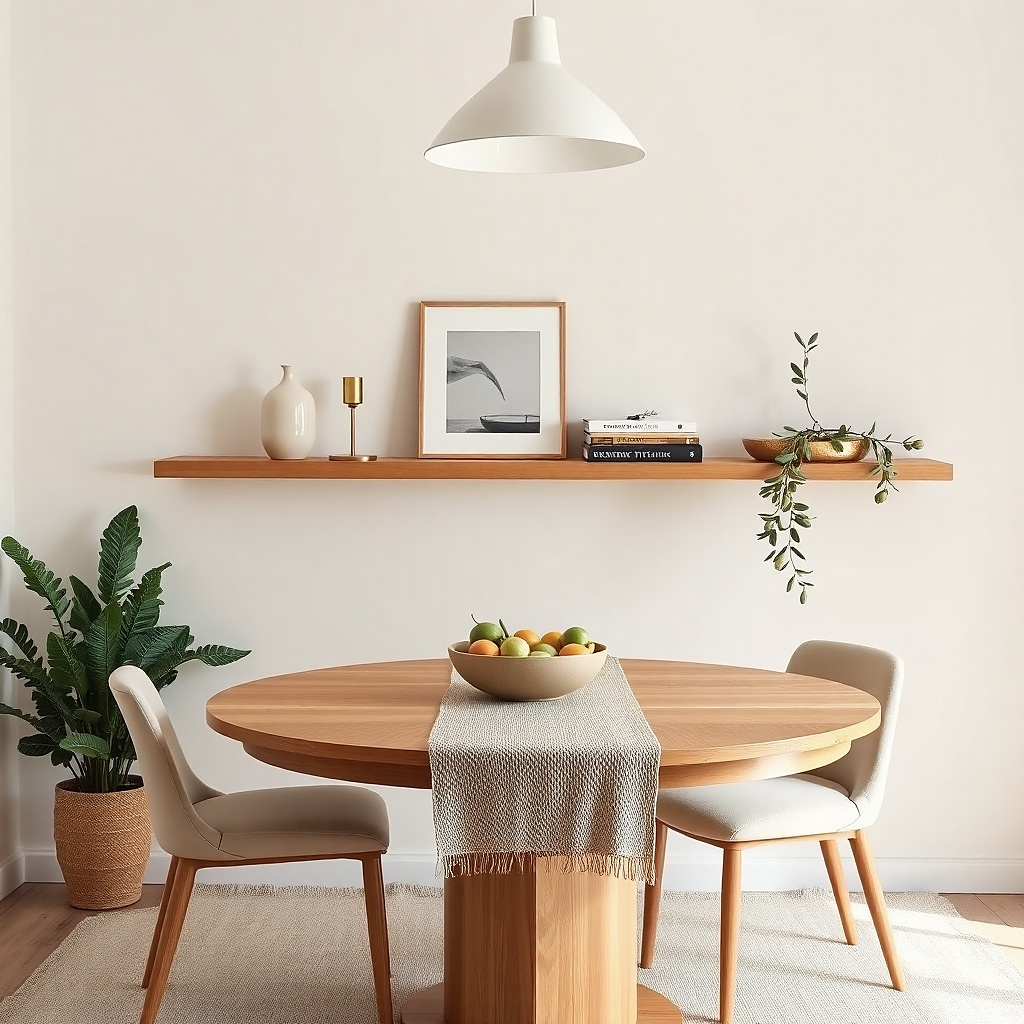 A slim floating wall shelf above a small kitchen table. Three items sit spaced evenly: a tall ceramic vase, a small framed photo, and a brass candlestick. The table has a neutral runner and simple white plates. The wall color is warm off-white.