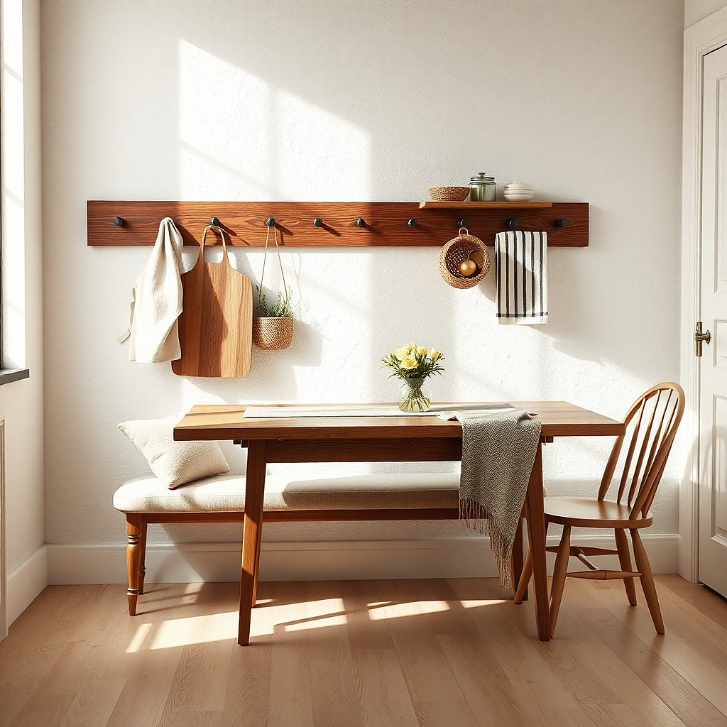 A peg rail mounted on the wall near a small table. Hanging items include a ladle, a whisk, and a small plant pot. The table has a narrow black runner, two white placemats, and a simple ceramic salt cellar.