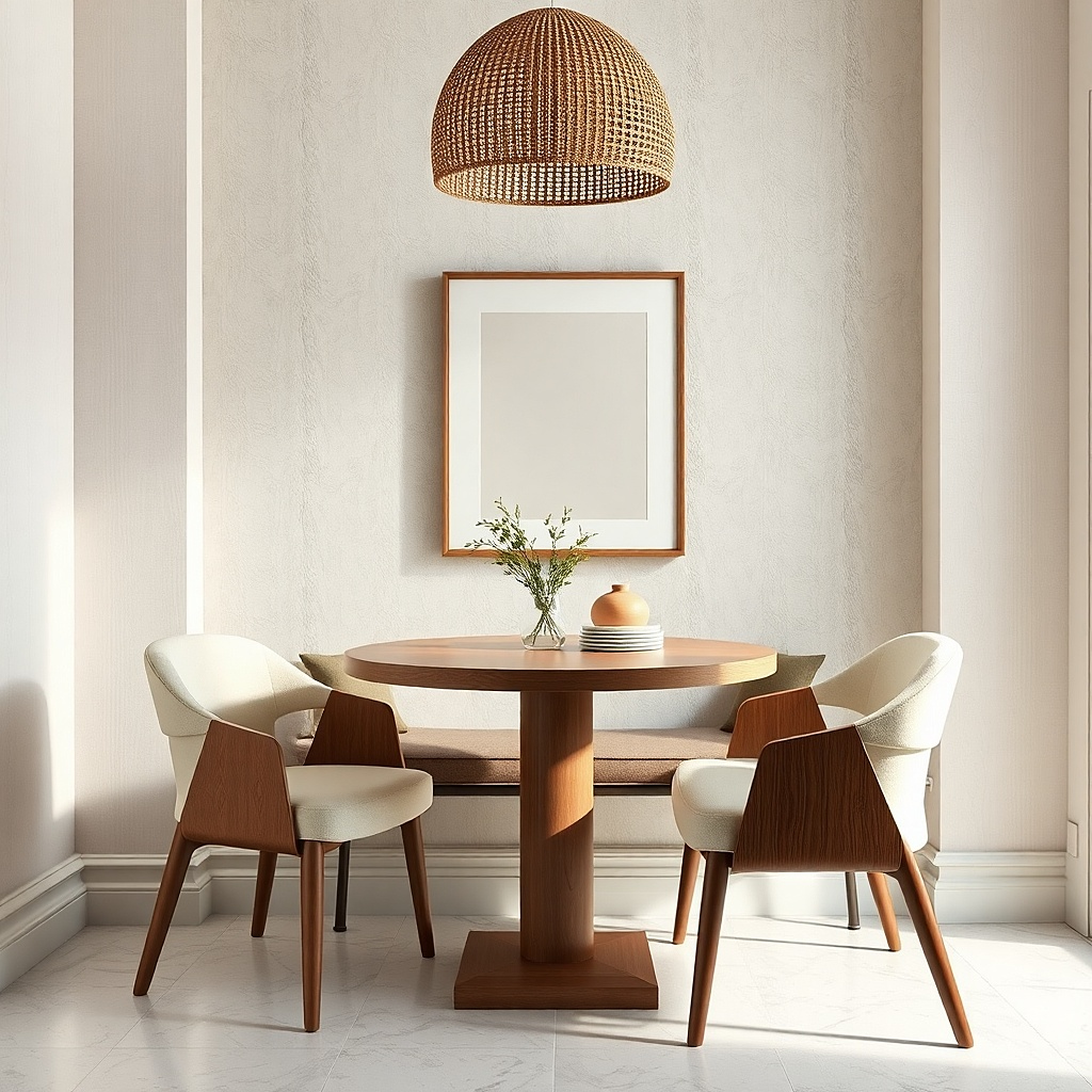 A small kitchen corner where the wall behind the table has a removable wallpaper panel in a subtle geometric pattern. The table sits in front with a light wood top. A beige runner and off-white placemats keep the tabletop minimal. A small pendant hangs overhead.