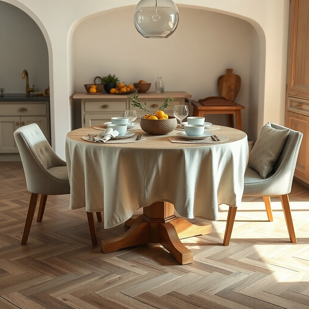 A small table dressed with a natural linen tablecloth that stops just above the floor. The cloth has neat corners and a slight cut-out where a chair leg sits. Two folded napkins in soft gray rest near plates, and a low ceramic bud vase sits centered.