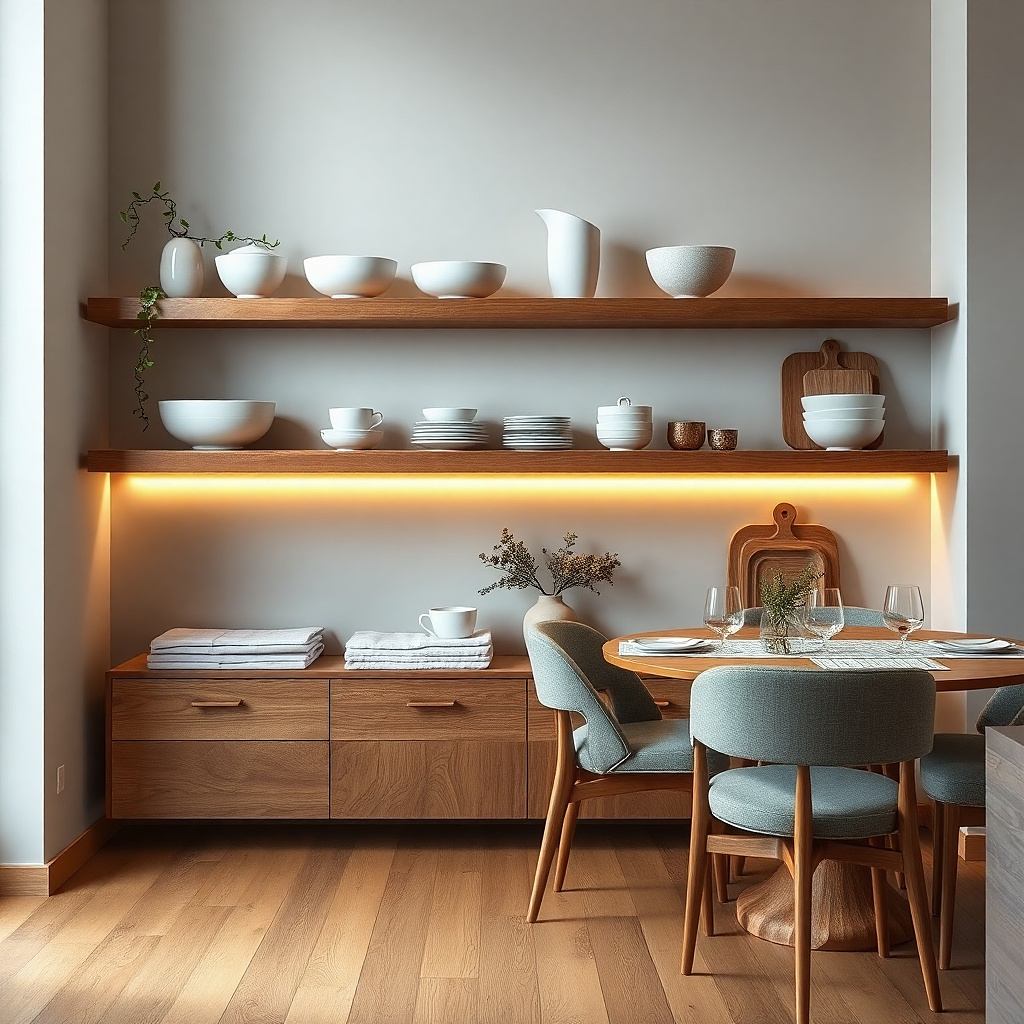 A kitchen with a small table and two open shelves next to it. White plates are stacked upright with a few bowls leaning. A small stack of linen napkins sits in a woven tray. The table has a simple runner and a single vase.