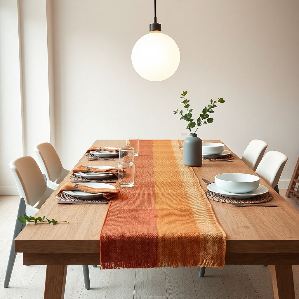 A small kitchen table with a color-block runner in terracotta and cream. Two placemats are off-white, and napkins match the runner's terracotta tone. A small glass jar holds utensils on one side of the table.