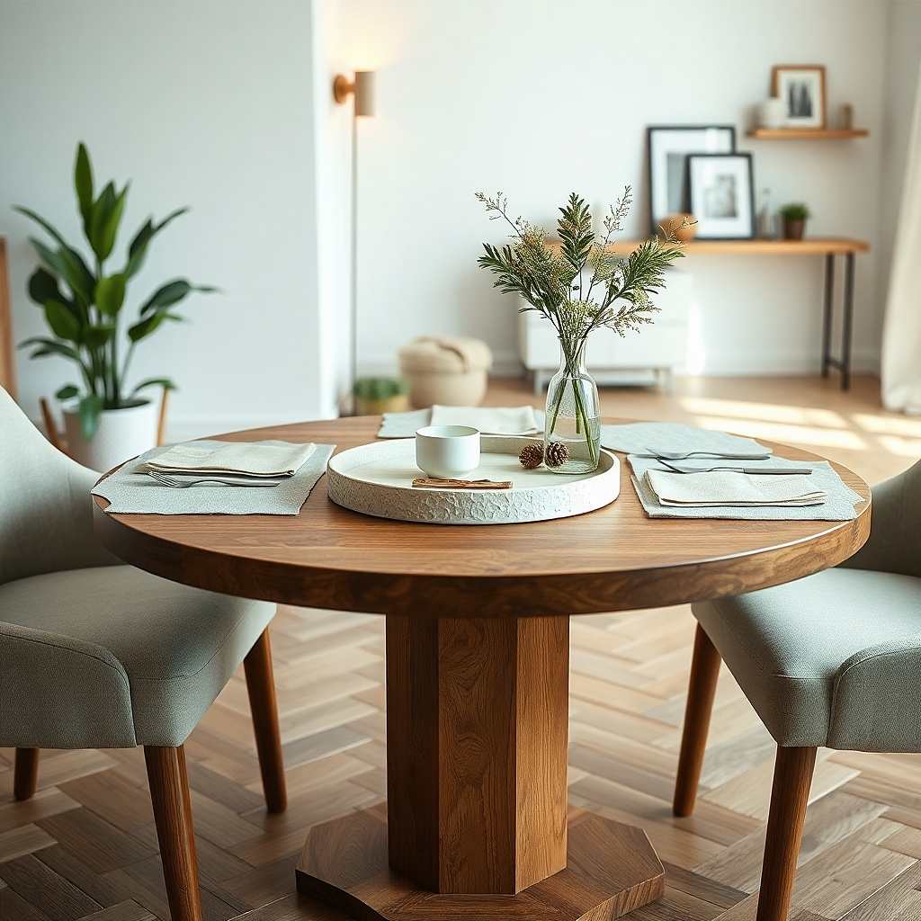 A small table set with two-tone placemats: one side is light wood color, the other is a pale gray. The centerpiece is a slim candle holder with one candle and a small ceramic dish. A simple white table mat sits underneath a runner.