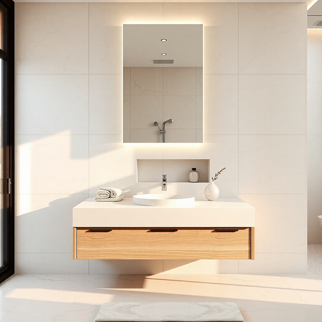 Slim rectangle mirror with polished chrome frame above a light wood vanity