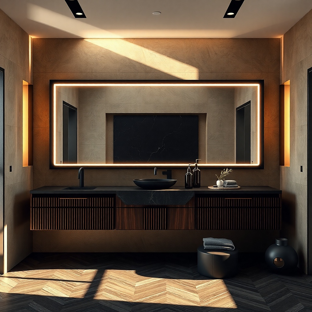 Matte black framed rectangle mirror with beveled edge above a white vanity