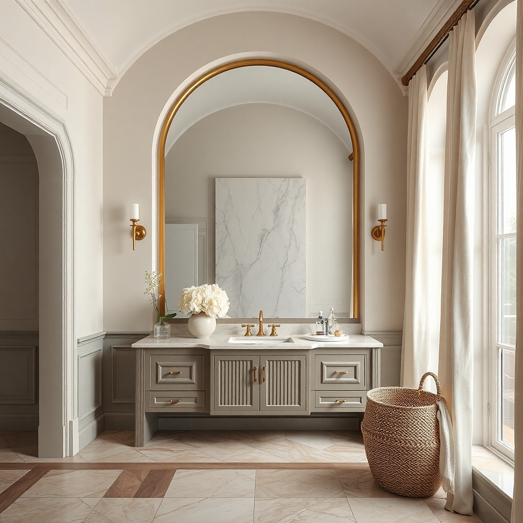 Thin gold arched mirror above a marble vanity