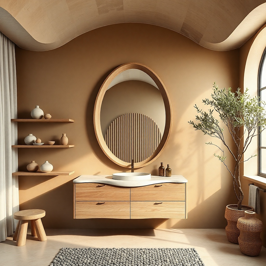 Large oval mirror with warm wood frame above a dark vanity