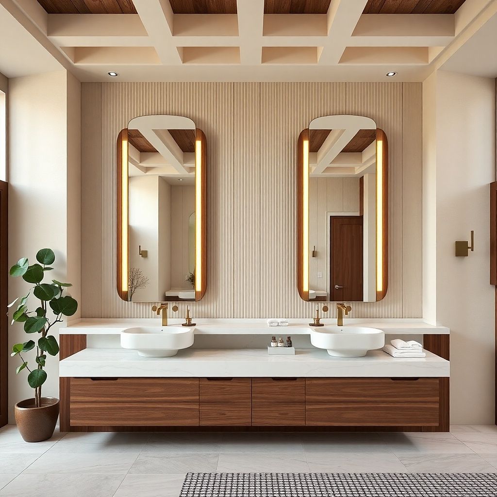 Two vertical mirror panels with small center gap above a wide vanity