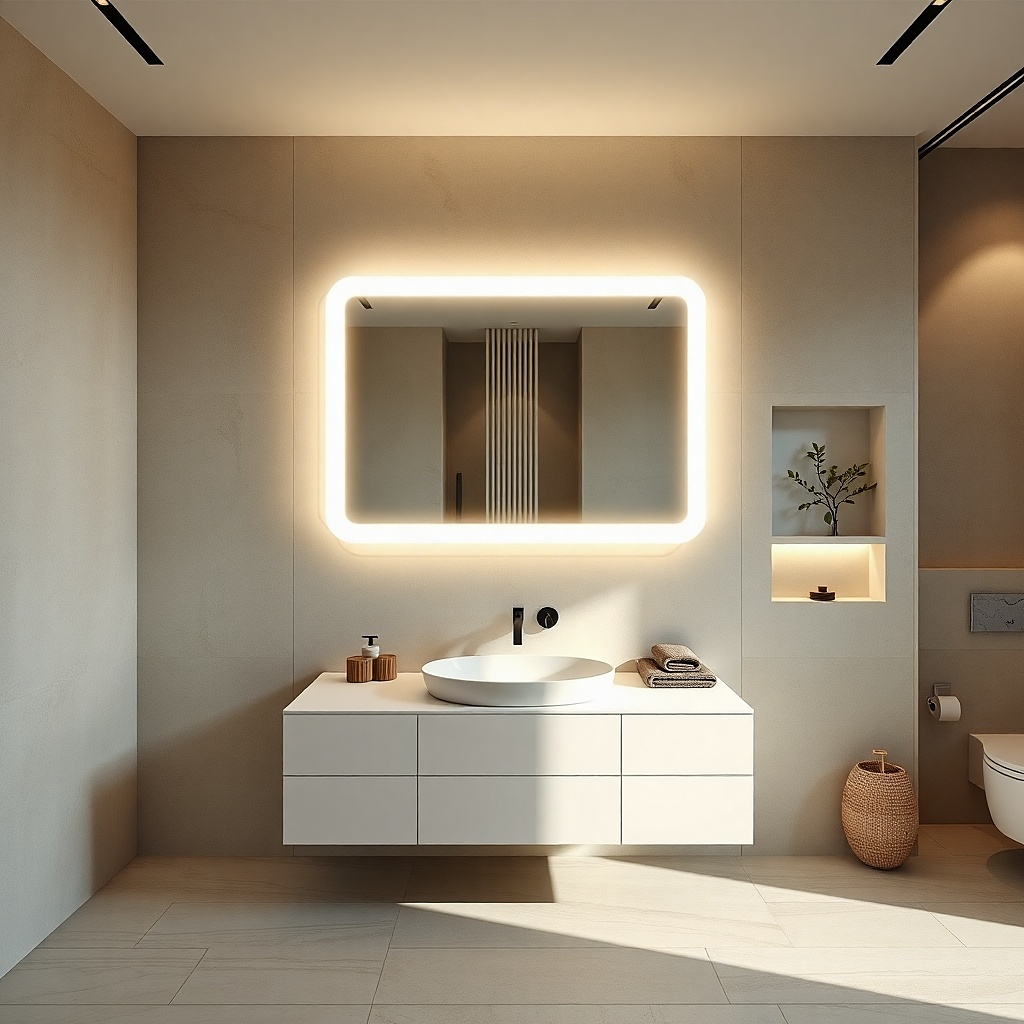Backlit rectangle mirror with soft glow above a white vanity