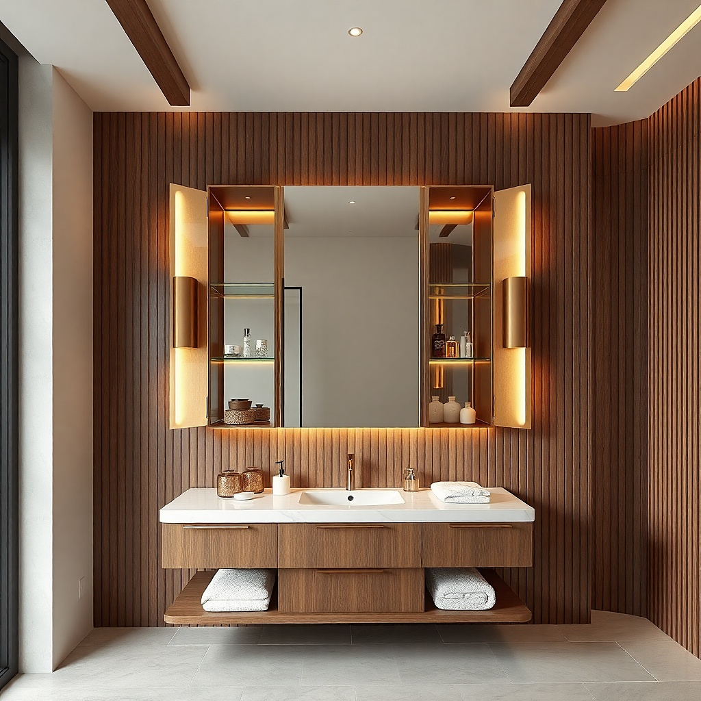Mirror with cabinet-style doors above a vanity for hidden storage