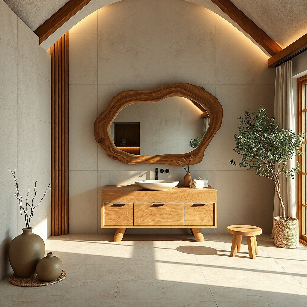 Large framed mirror with thick wood surround above a farmhouse vanity