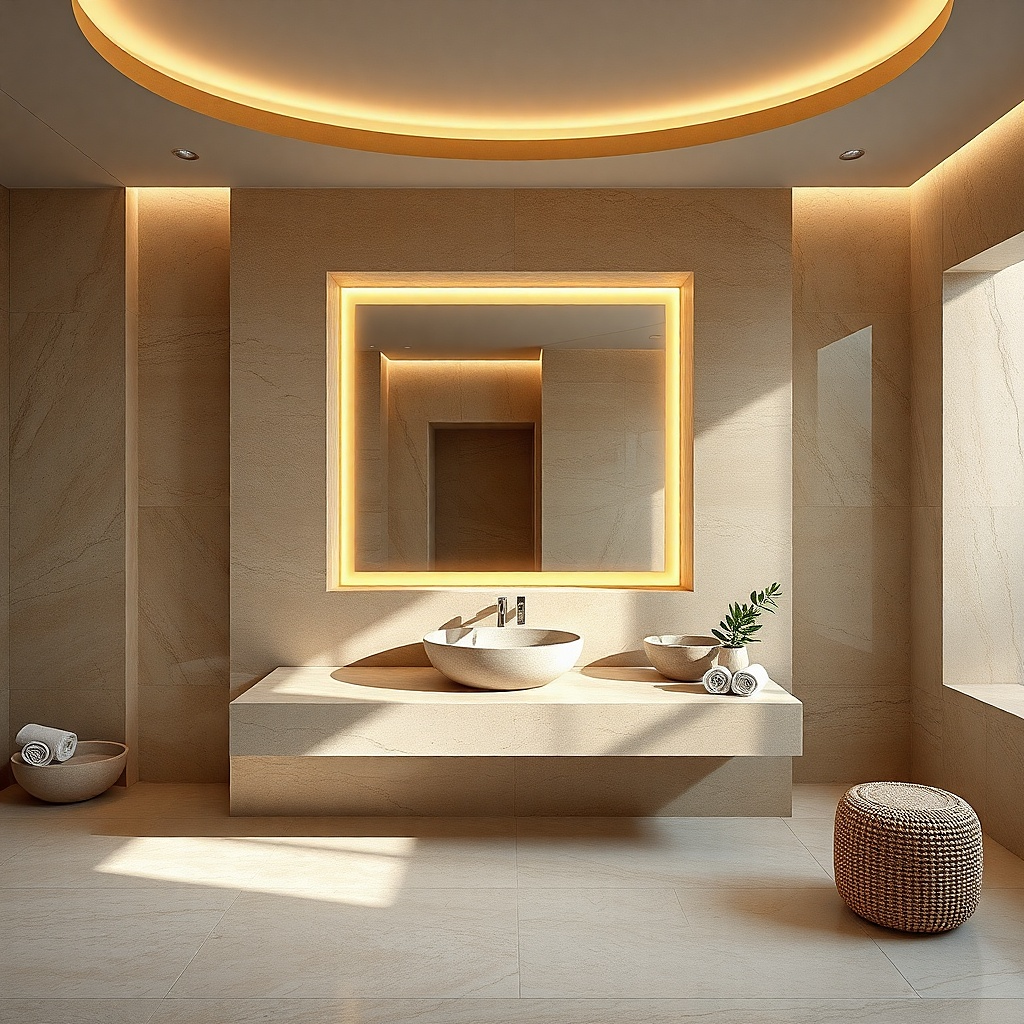 Rattan framed round mirror above a light vanity
