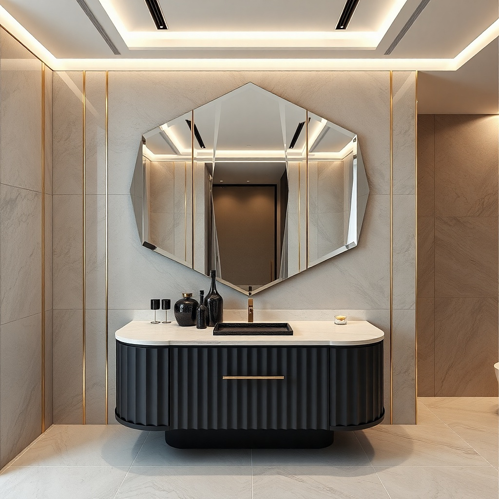 Travertine-look framed mirror above a beige vanity