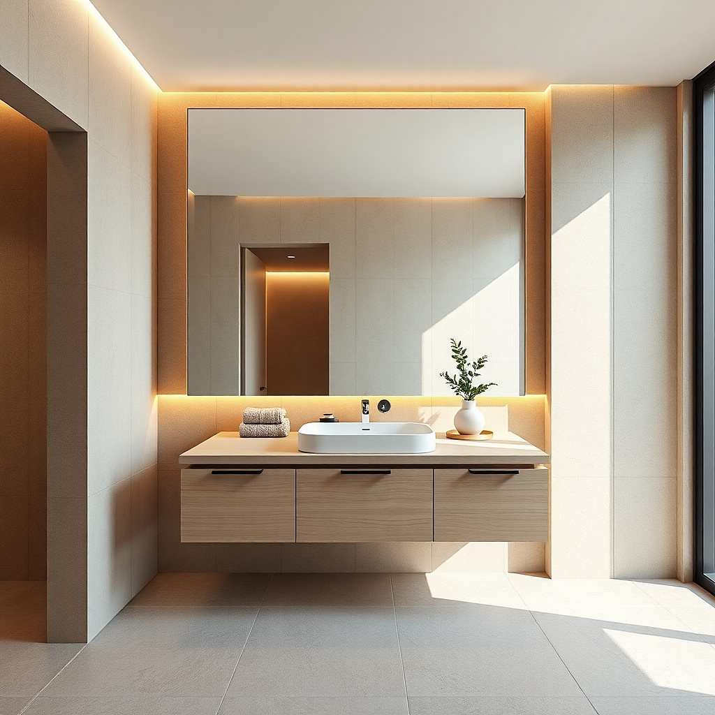 Frameless mirror with polished edge above a minimalist vanity