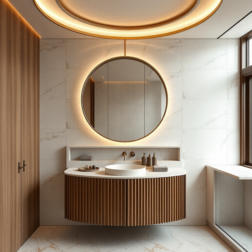 Oversized round mirror with brass accents above a white vanity