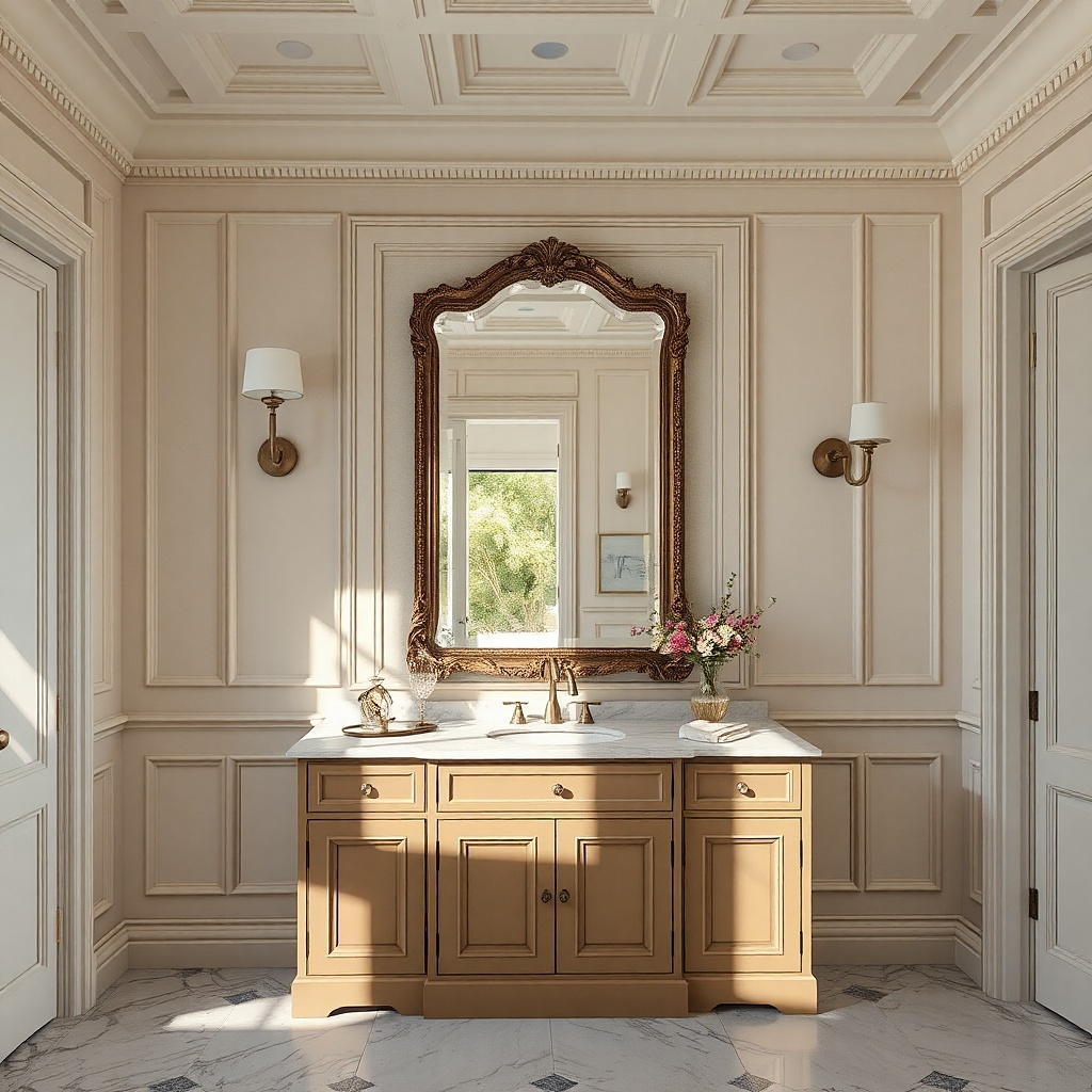 Beveled glass mirror with classic frame above a vintage-inspired vanity