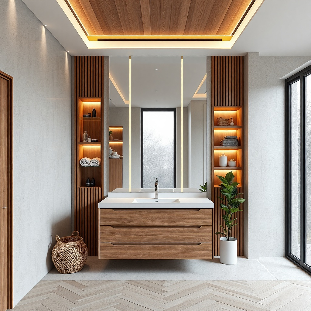 Slim vertical mirror mounted vertically above a narrow vanity