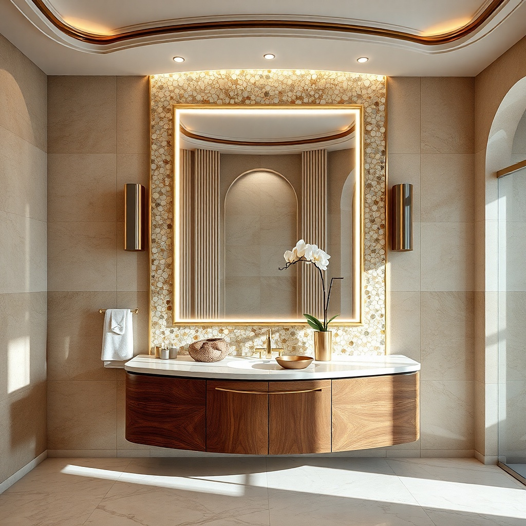 Mirror with mosaic tile frame above a simple vanity