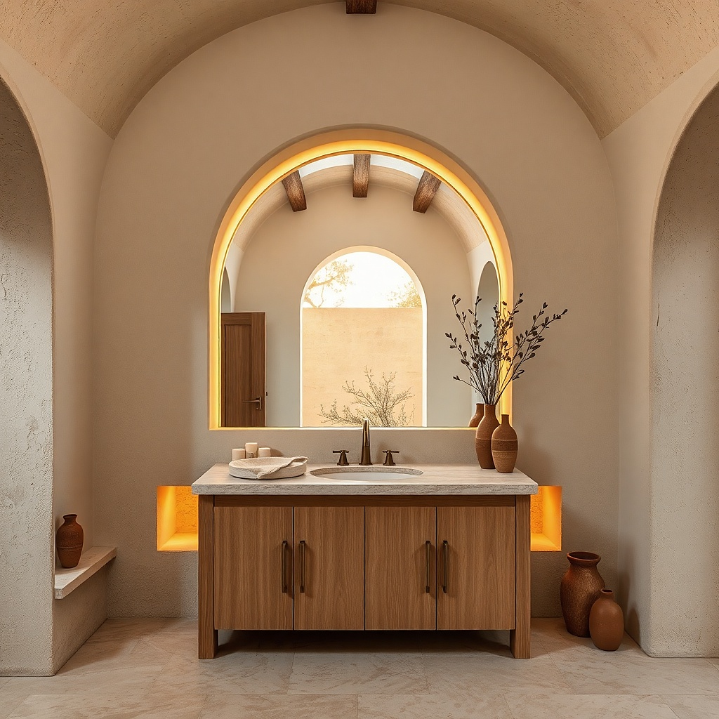 Modern mirror with soft arch top and straight sides above a vanity
