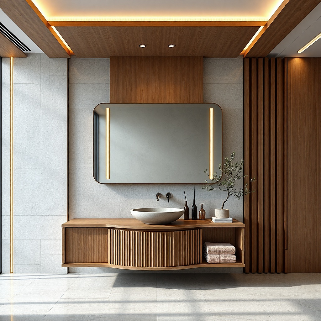 Tall mirror with side panels above a long vanity for more reflected light