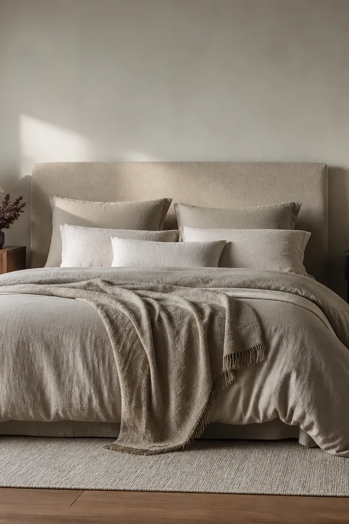 Greige bedding with two lamps on mismatched nightstands aligned by height