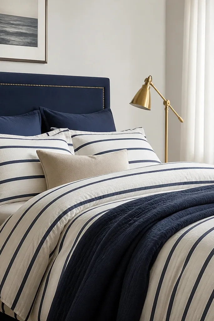 Navy and warm white striped bedding with brass lamps and white curtains