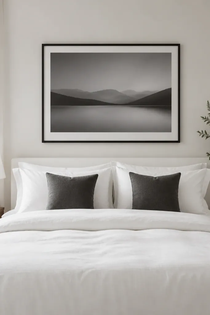 All-white bedding with two charcoal pillows and a charcoal framed print above the bed