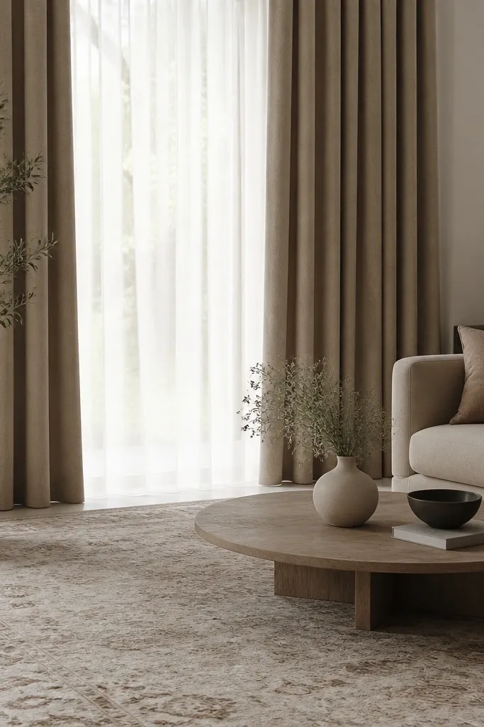 Beige and taupe curtains paired with a rug that matches the same tones