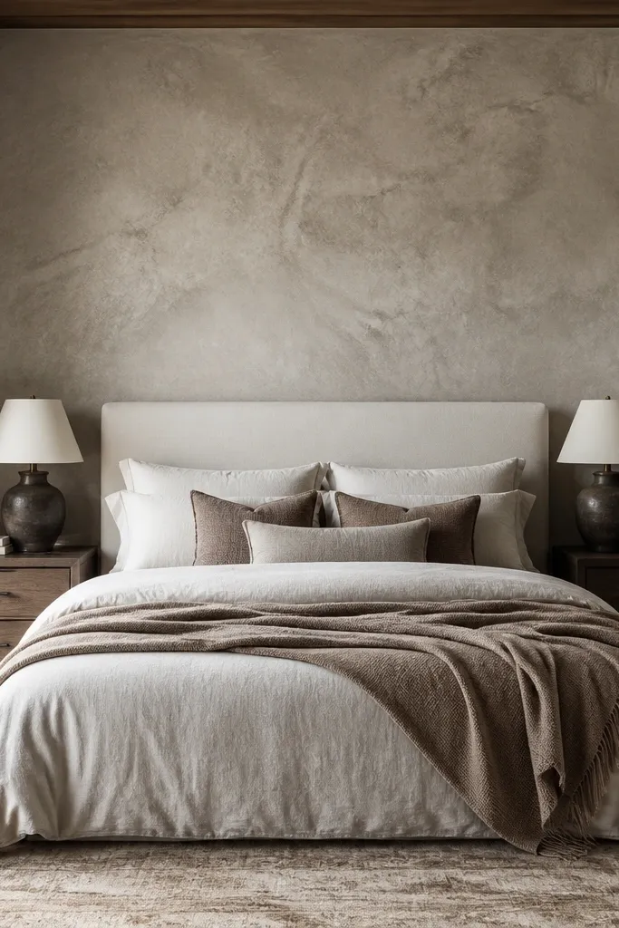 Bed with a textured neutral accent wall and simple nightstand lamps