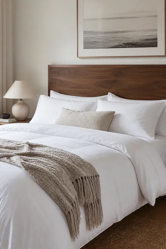 White bedding with a walnut-toned headboard and matching wood bedside details