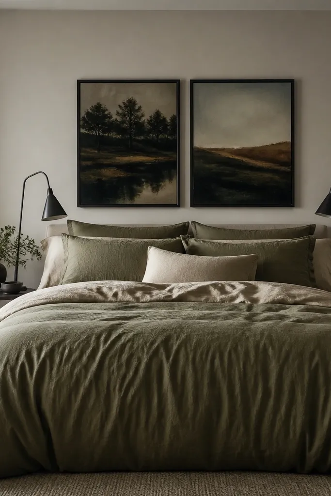 Olive duvet with black metal lamps and dark-framed art above the bed